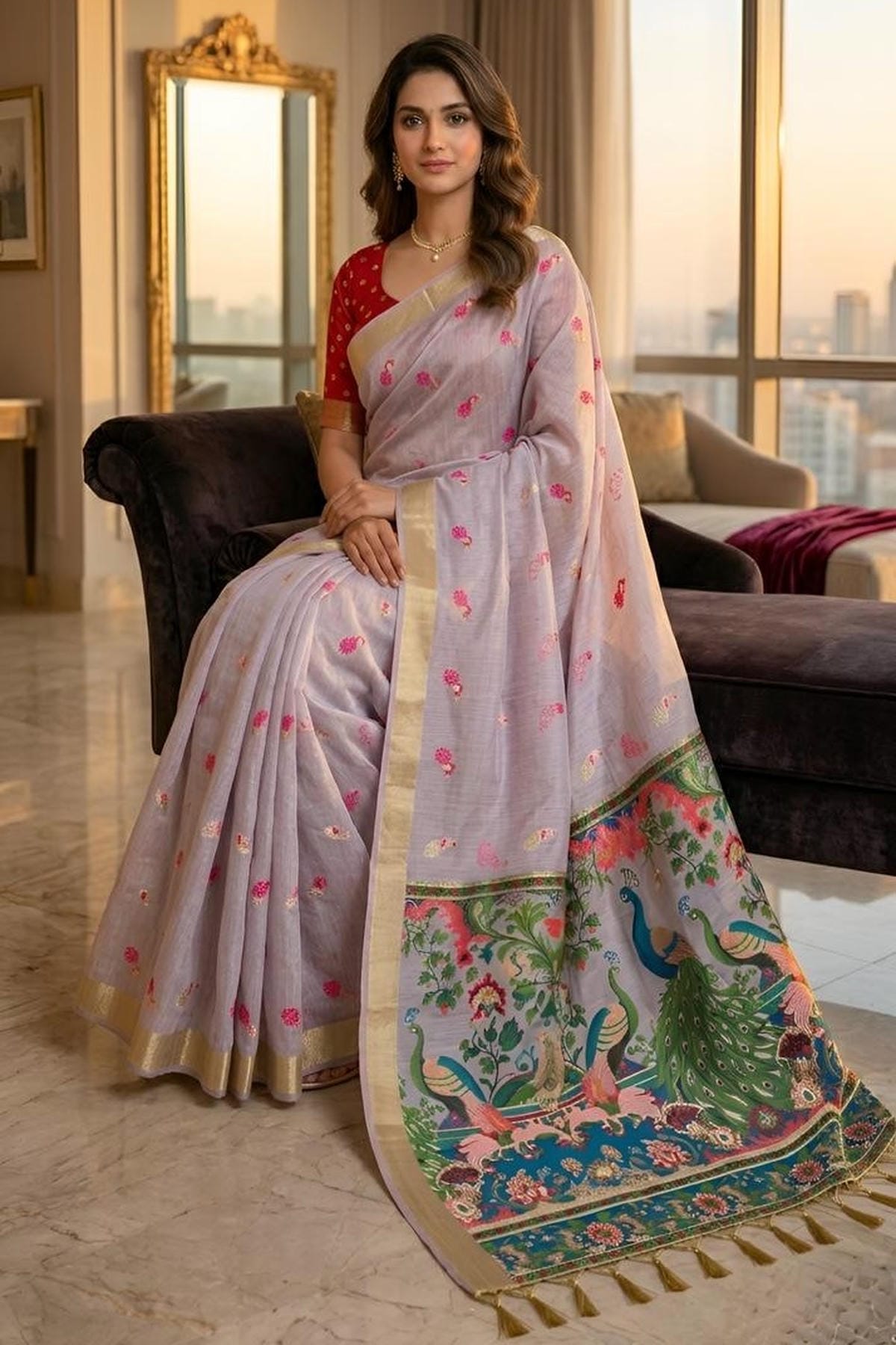 Cotton Silk Woven Work Traditional Sarees In Lavender Colour