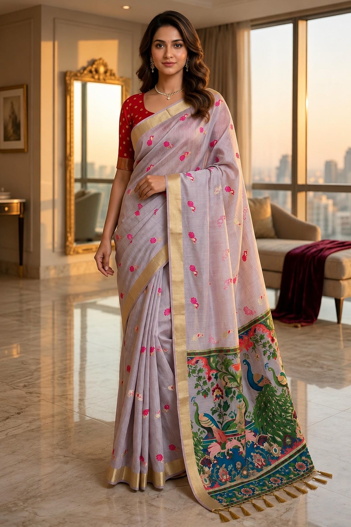 Cotton Silk Woven Work Traditional Sarees In Lavender Colour