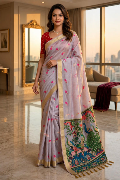 Cotton Silk Woven Work Traditional Sarees In Lavender Colour