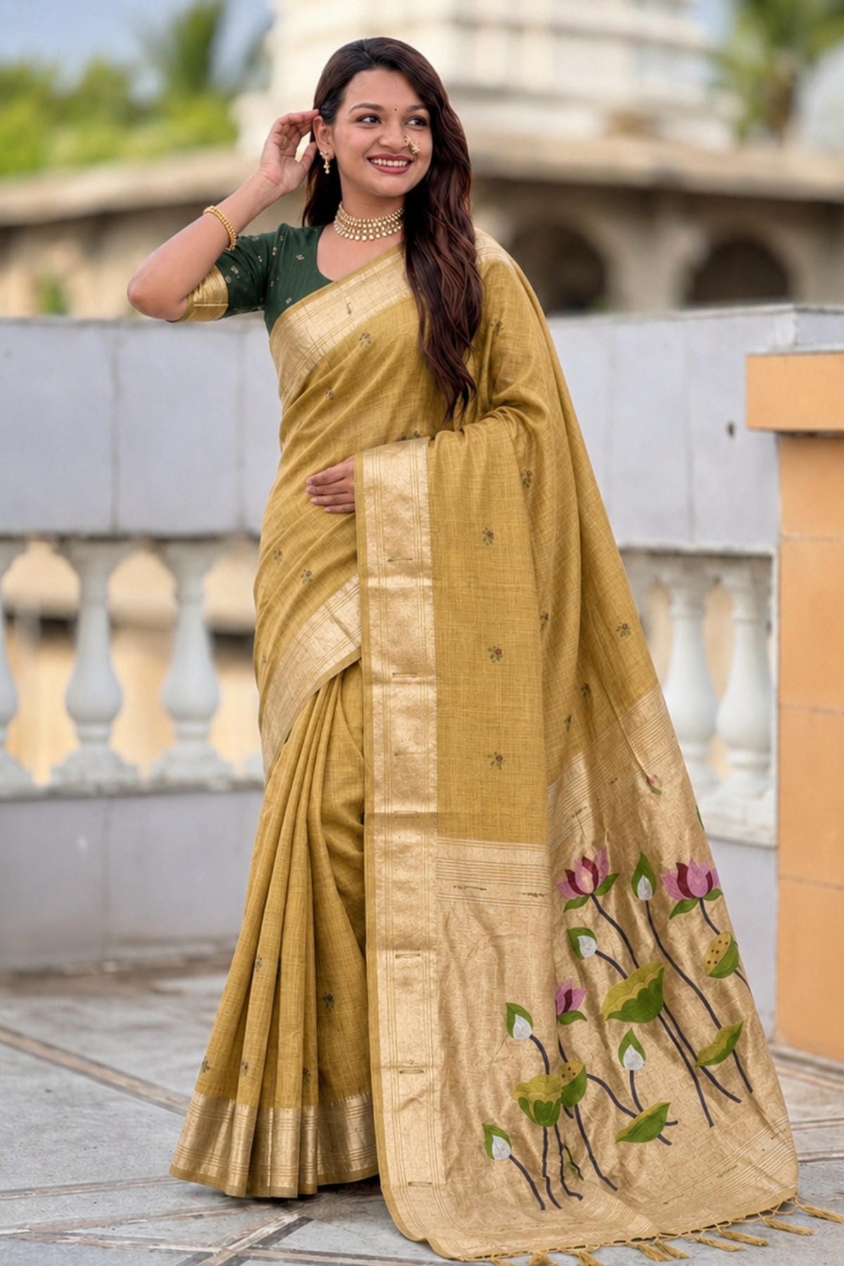Cotton Silk Woven Work Traditional Sarees In Mustard Colour