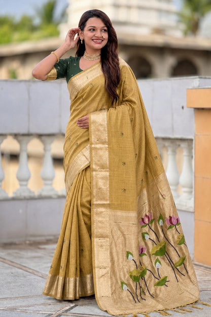 Cotton Silk Woven Work Traditional Sarees In Mustard Colour