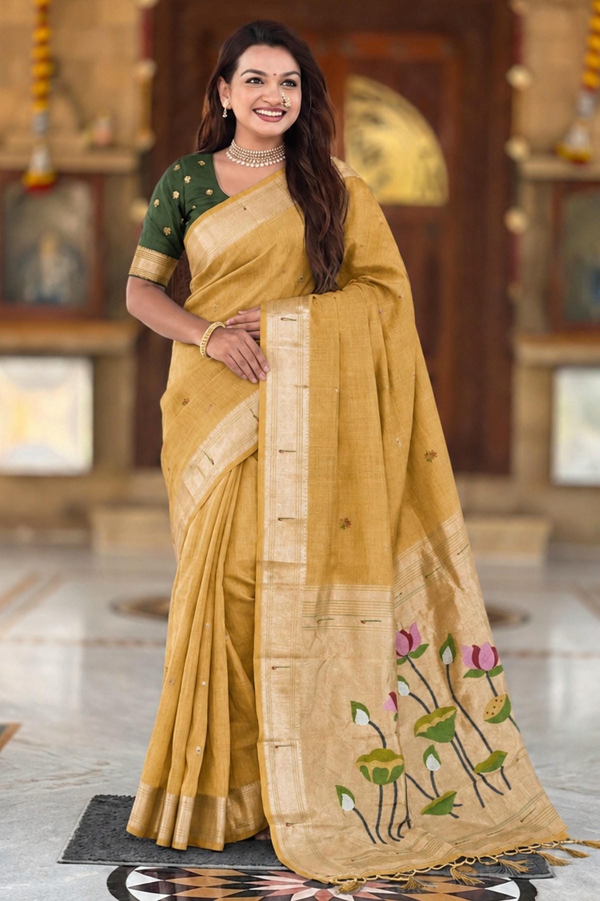Cotton Silk Woven Work Traditional Sarees In Mustard Colour