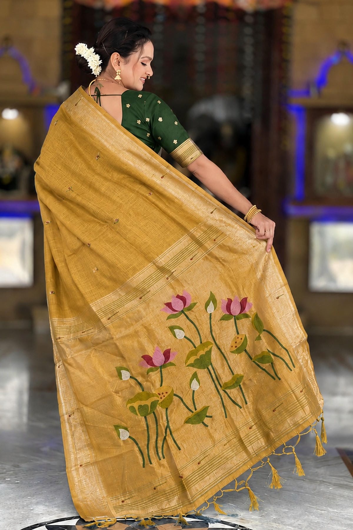 Cotton Silk Woven Work Traditional Sarees In Mustard Colour
