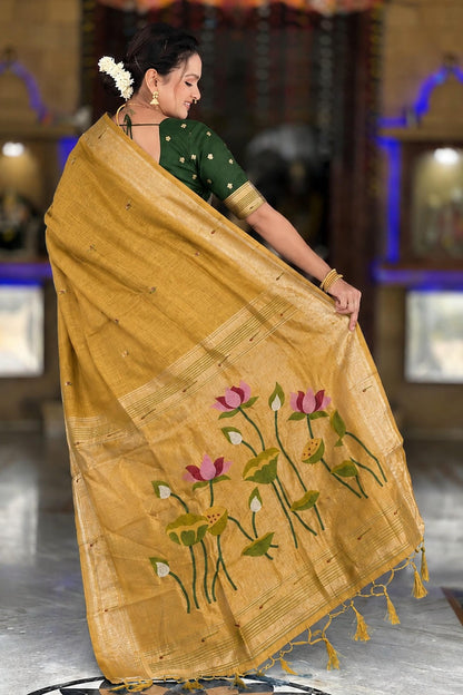 Cotton Silk Woven Work Traditional Sarees In Mustard Colour