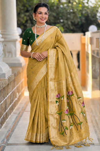 Cotton Silk Woven Work Traditional Sarees In Mustard Colour
