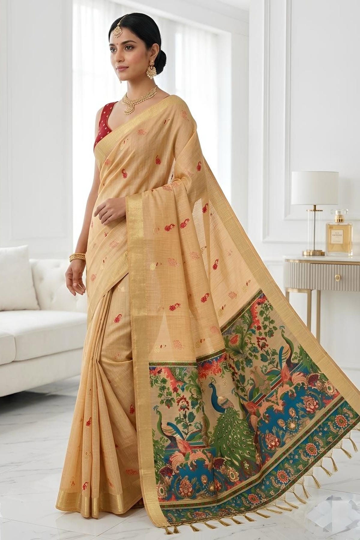 Cotton Silk Woven Work Traditional Sarees In Orange Colour