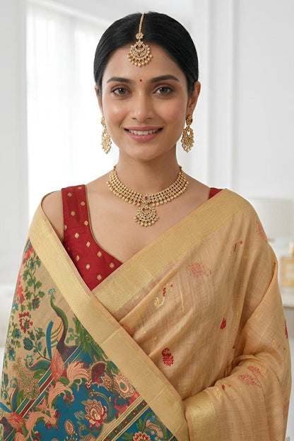 Cotton Silk Woven Work Traditional Sarees In Orange Colour