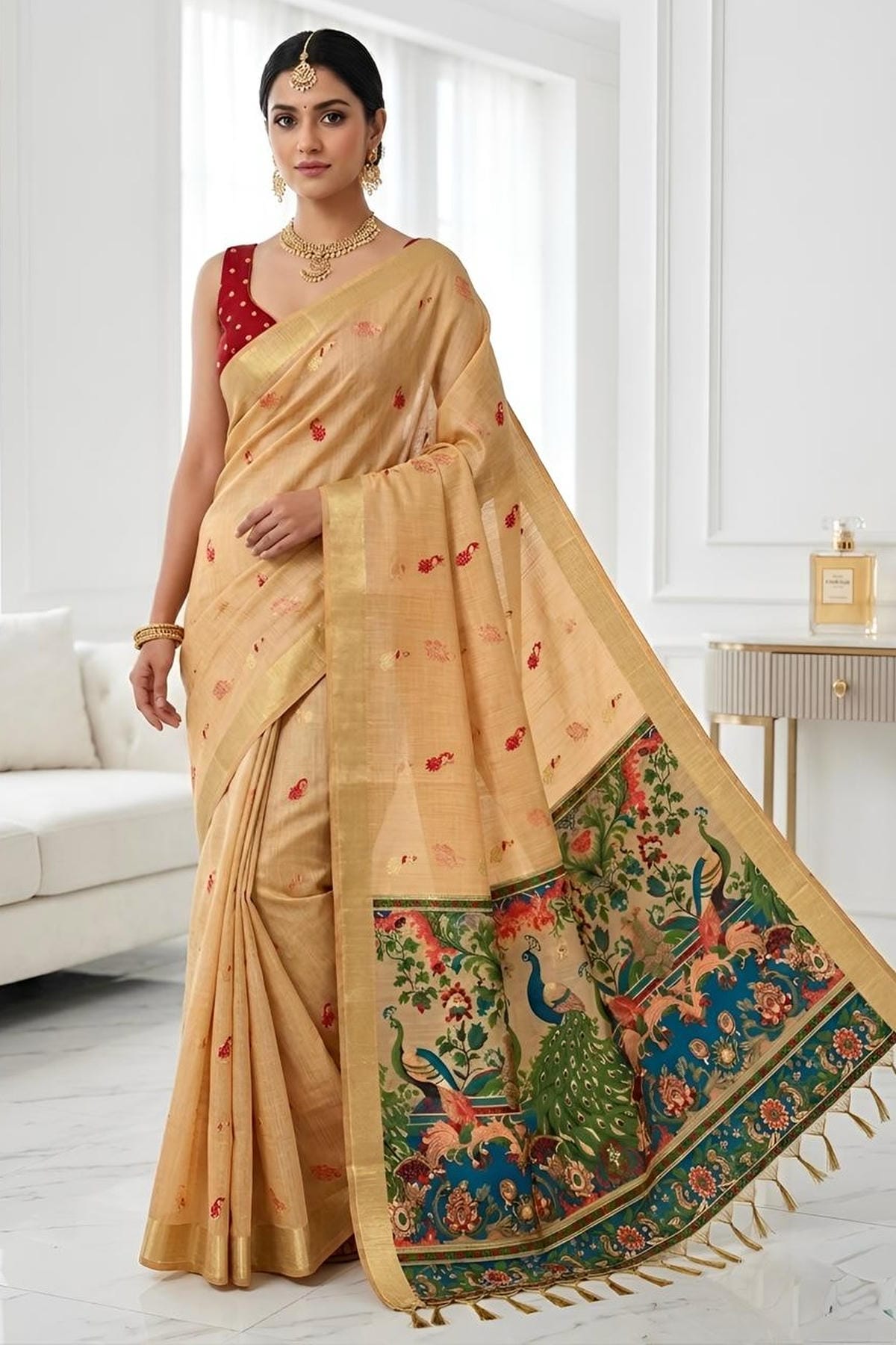 Cotton Silk Woven Work Traditional Sarees In Orange Colour