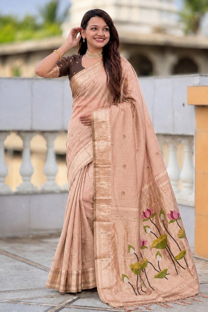 Cotton Silk Woven Work Traditional Sarees In Peach Colour