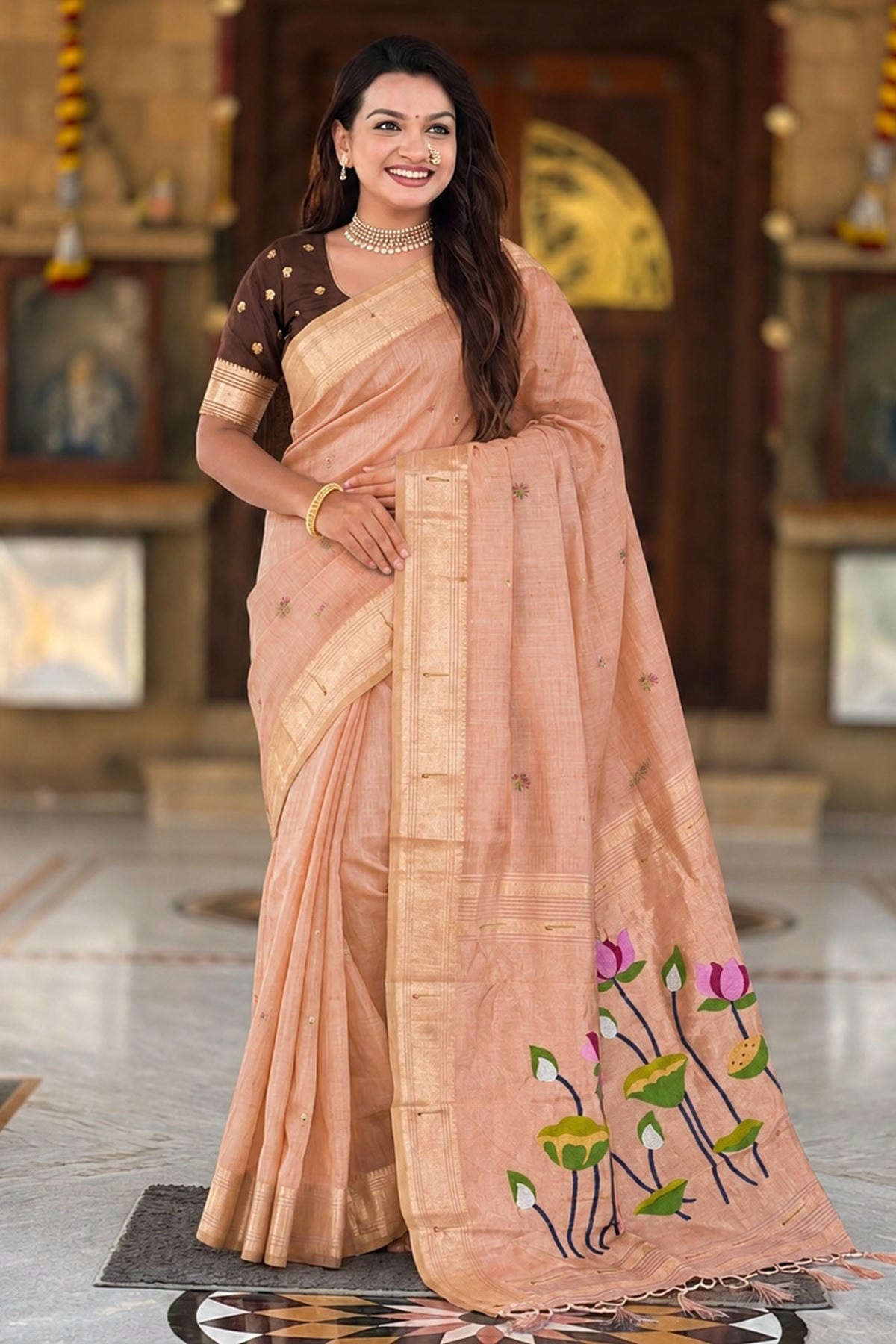 Cotton Silk Woven Work Traditional Sarees In Peach Colour