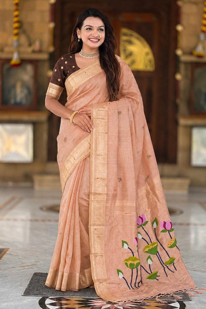 Cotton Silk Woven Work Traditional Sarees In Peach Colour