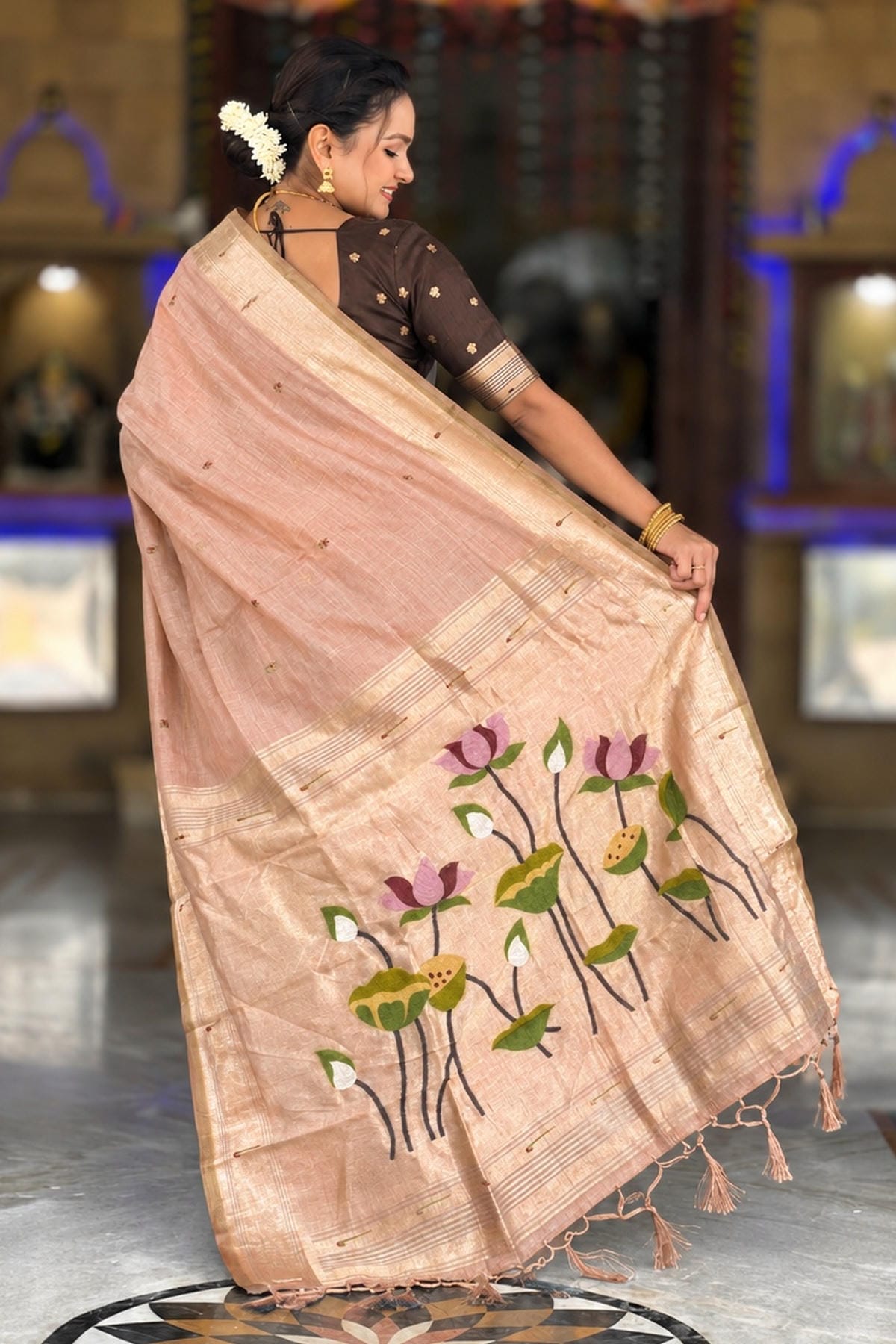 Cotton Silk Woven Work Traditional Sarees In Peach Colour