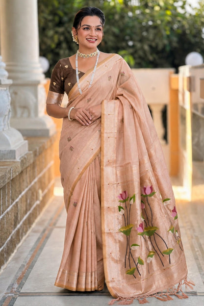 Cotton Silk Woven Work Traditional Sarees In Peach Colour