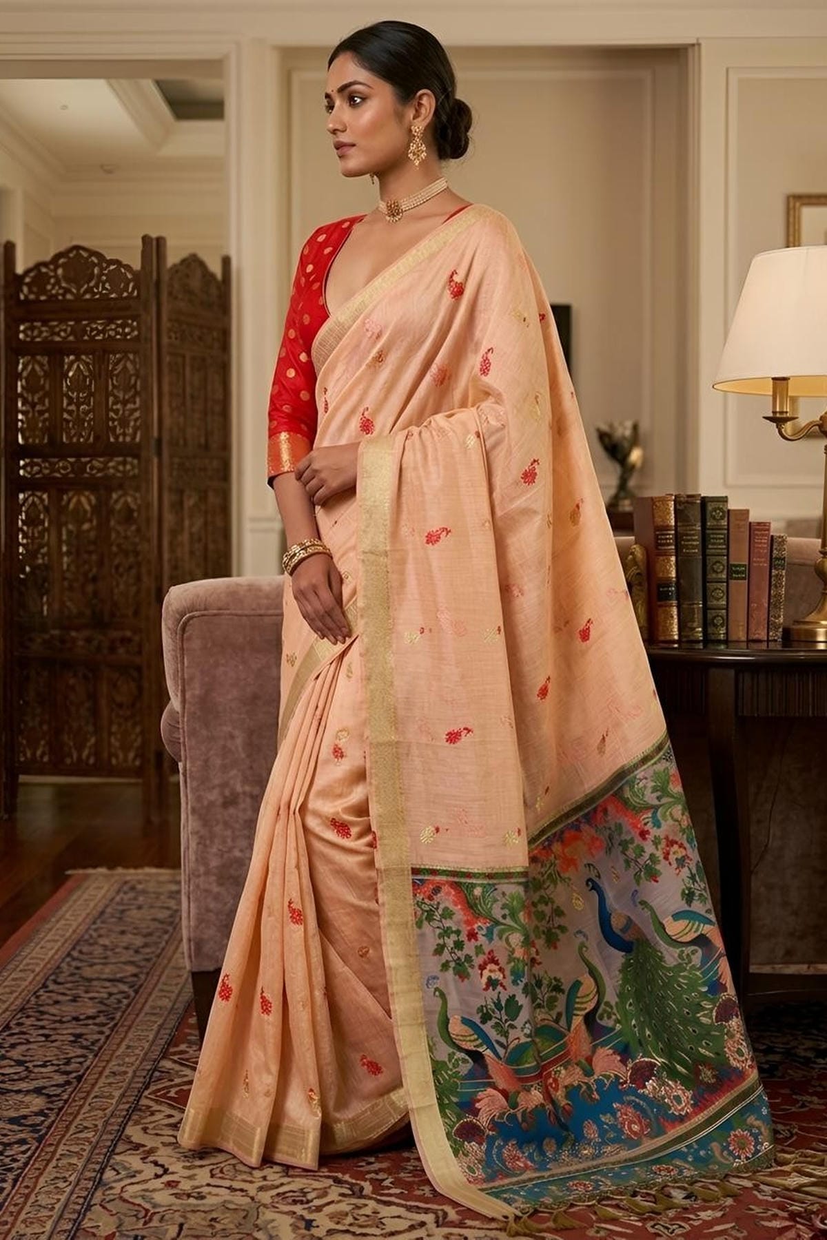 Cotton Silk Woven Work Traditional Sarees In Peach Colour
