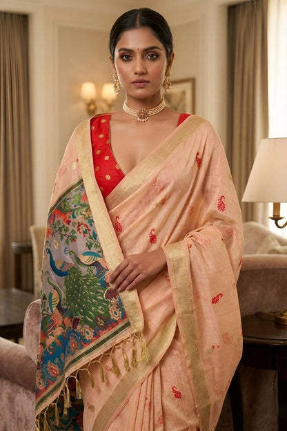 Cotton Silk Woven Work Traditional Sarees In Peach Colour