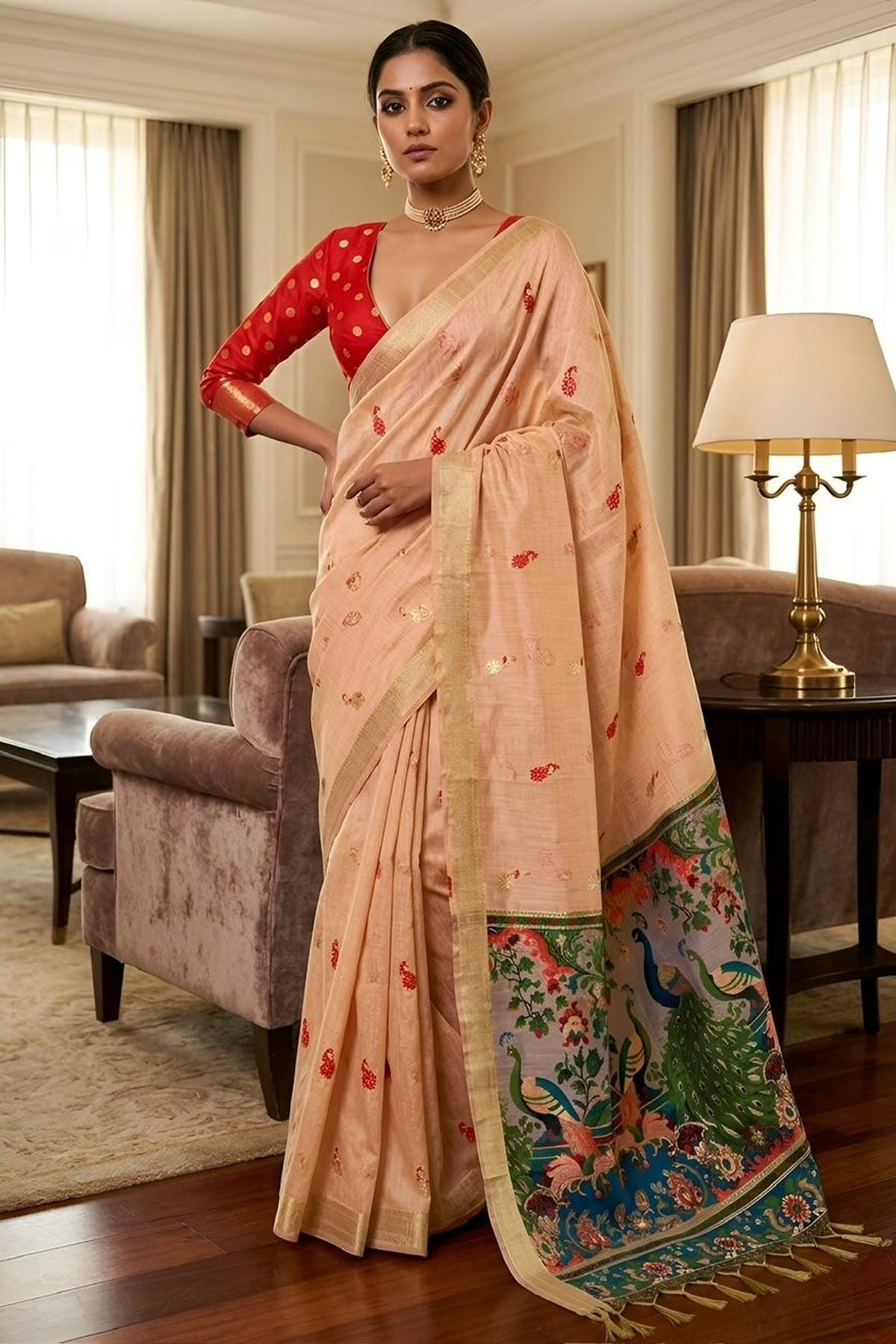 Cotton Silk Woven Work Traditional Sarees In Peach Colour