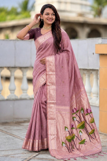 Cotton Silk Woven Work Traditional Sarees In Pink Colour