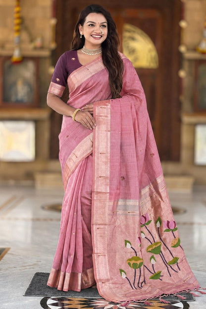 Cotton Silk Woven Work Traditional Sarees In Pink Colour