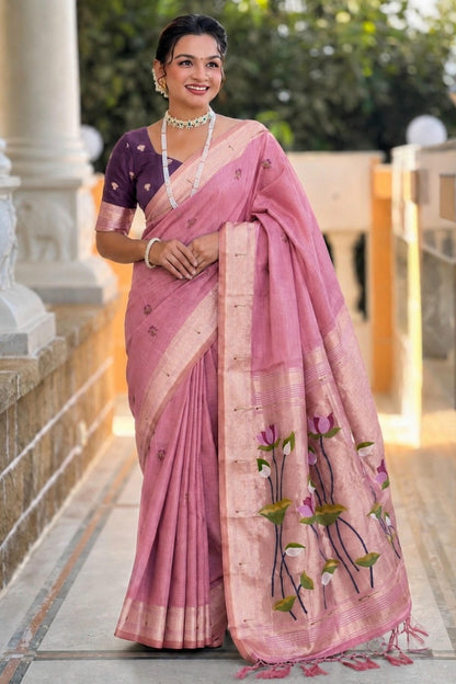 Cotton Silk Woven Work Traditional Sarees In Pink Colour