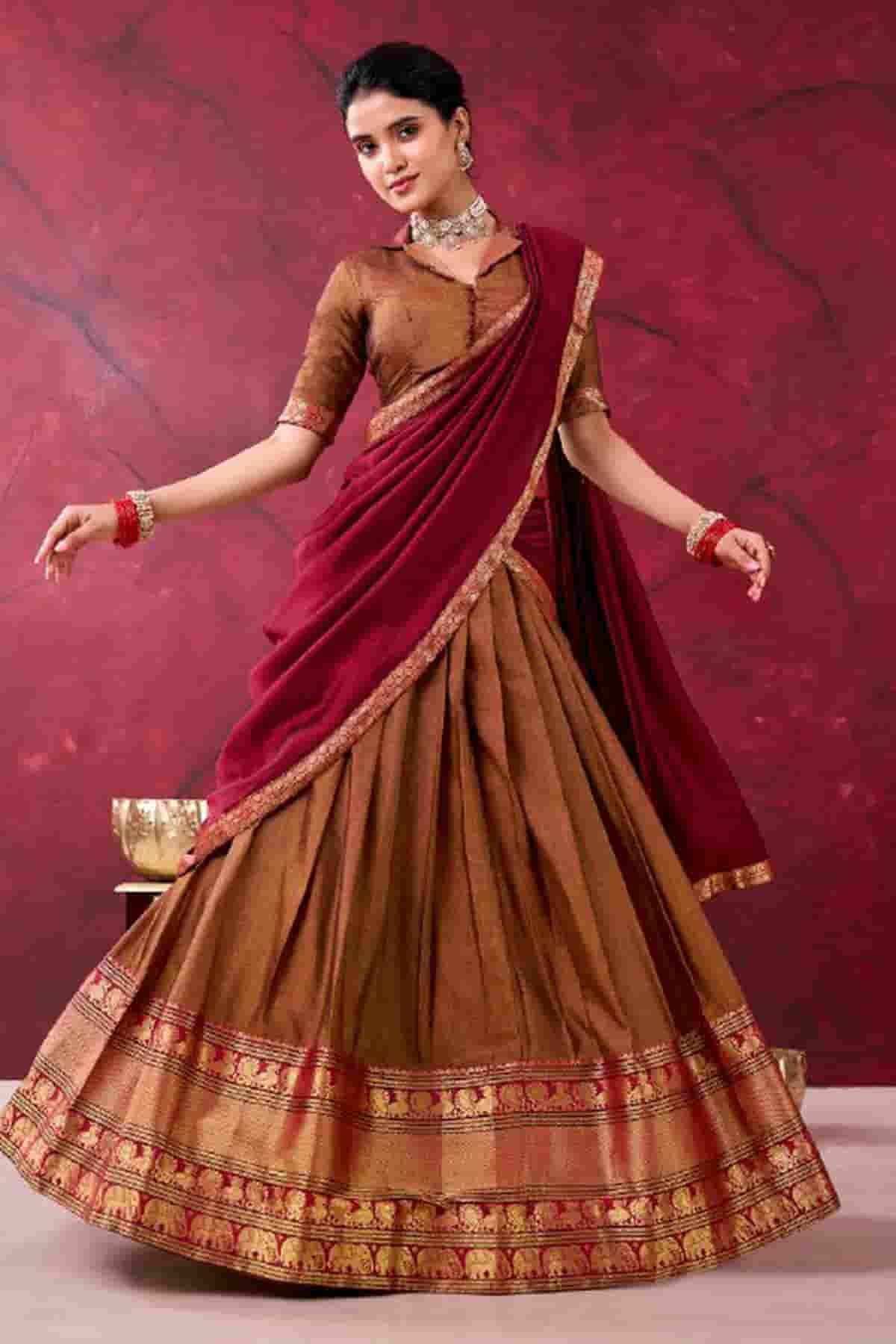 Cotton Zari Woven Work Lehenga Choli In Brown Colour