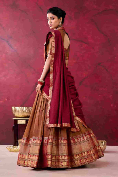 Cotton Zari Woven Work Lehenga Choli In Brown Colour