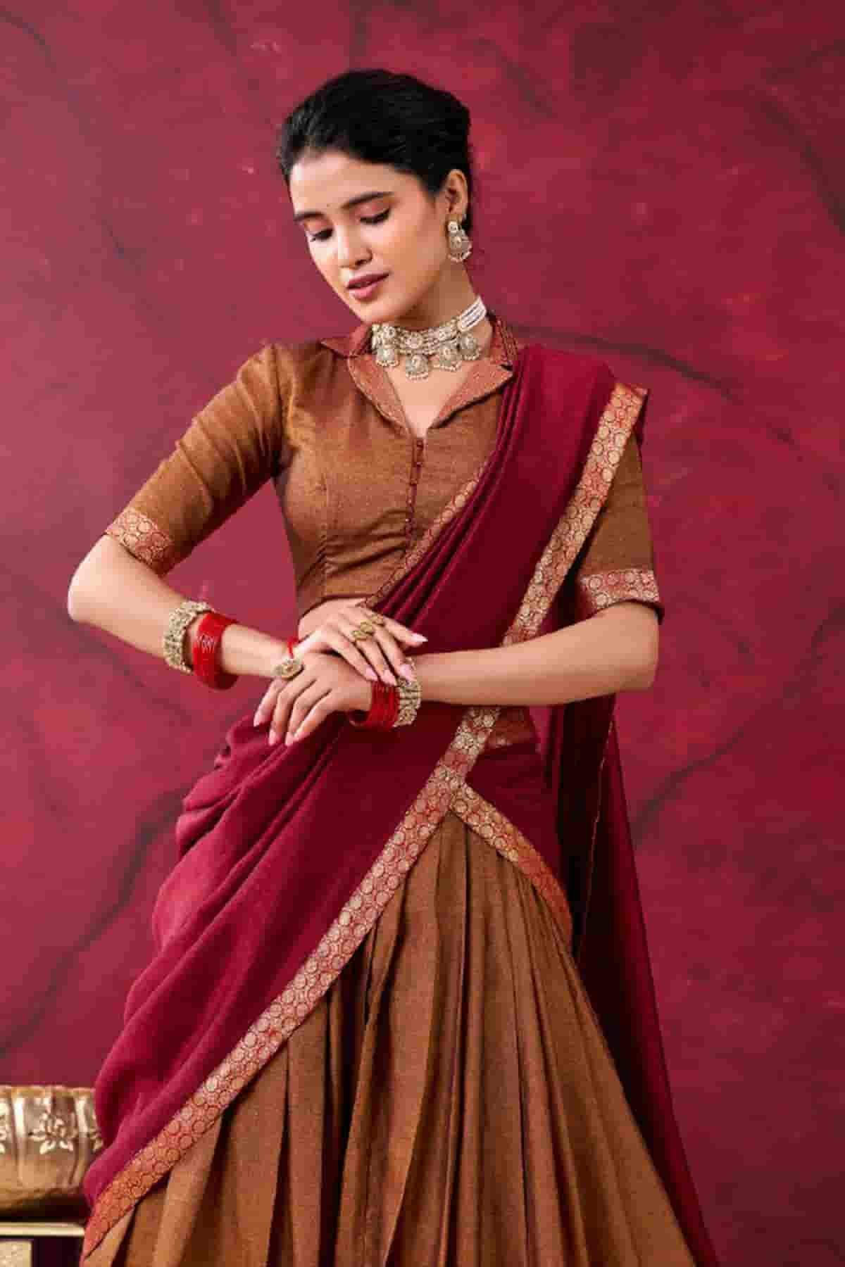 Cotton Zari Woven Work Lehenga Choli In Brown Colour