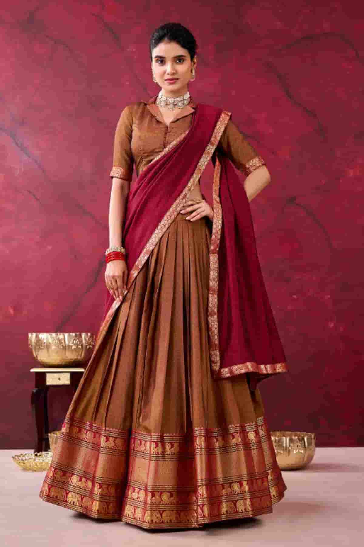 Cotton Zari Woven Work Lehenga Choli In Brown Colour