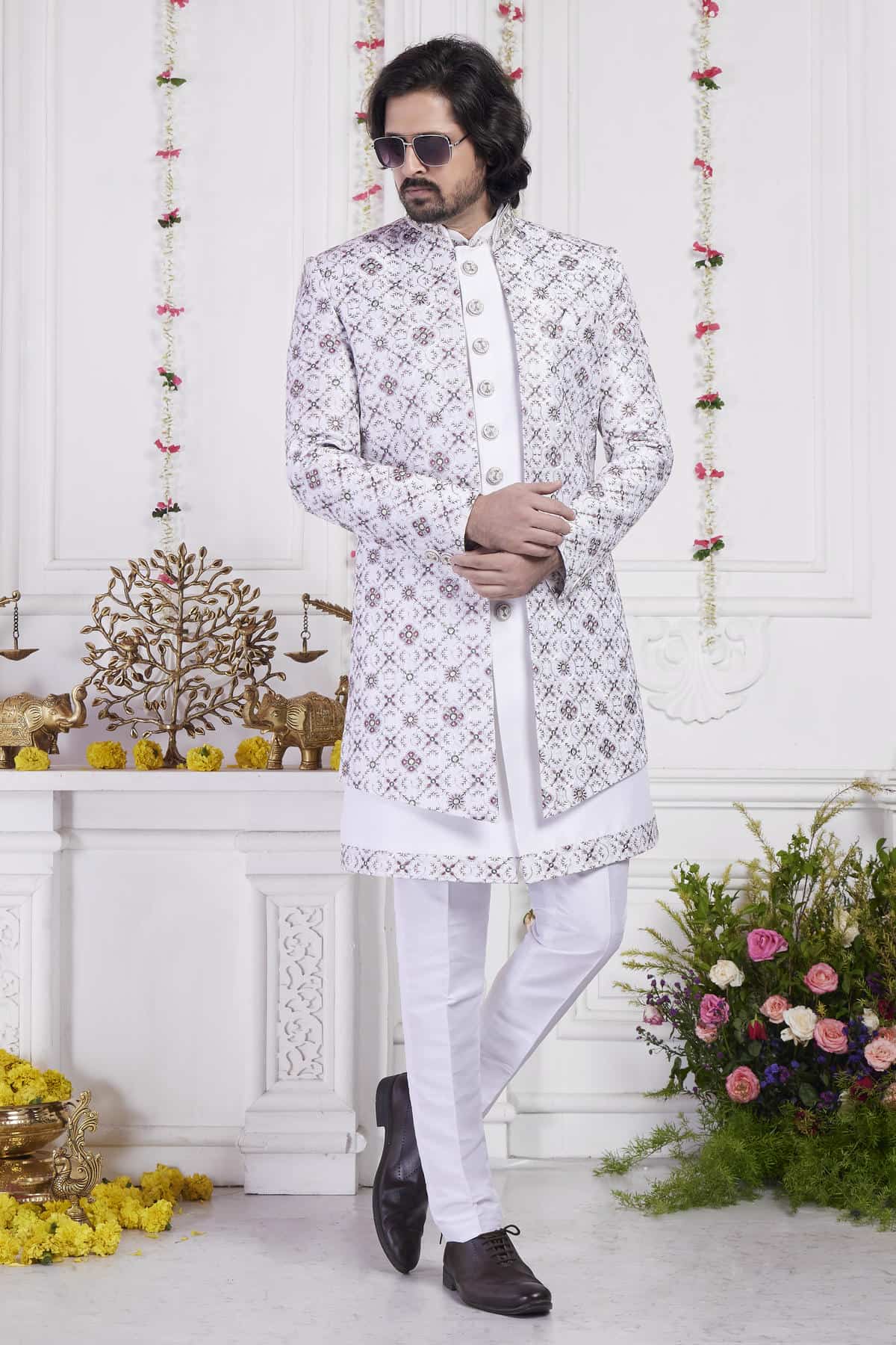 Cream Art Silk Embroidery Work 3 Pcs Jacket Set