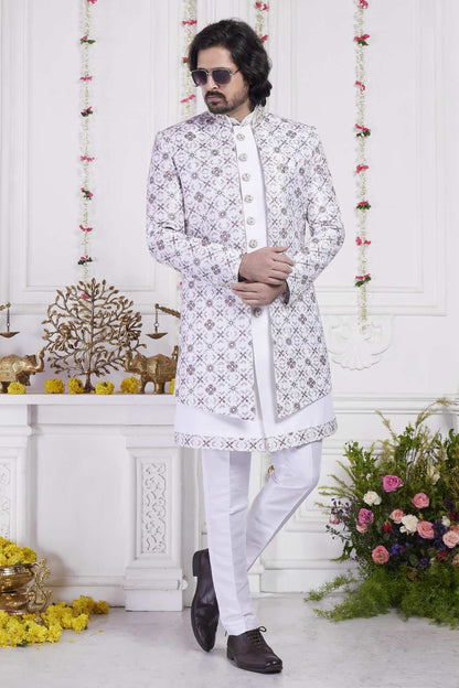 Cream Art Silk Embroidery Work 3 Pcs Jacket Set