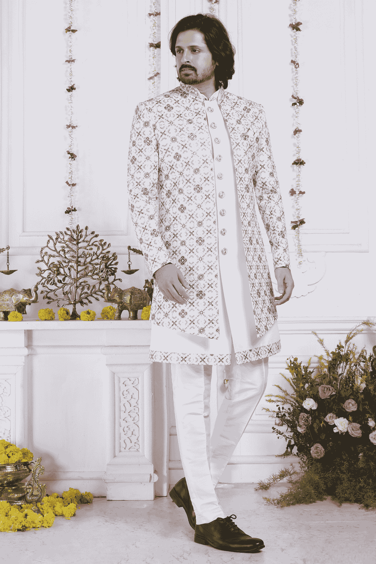 Cream Art Silk Embroidery Work 3 Pcs Jacket Set