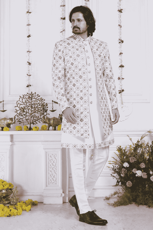 Cream Art Silk Embroidery Work 3 Pcs Jacket Set