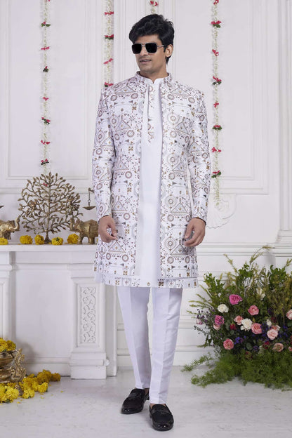 Cream Art Silk Embroidery Work 3 Pcs Jacket Set