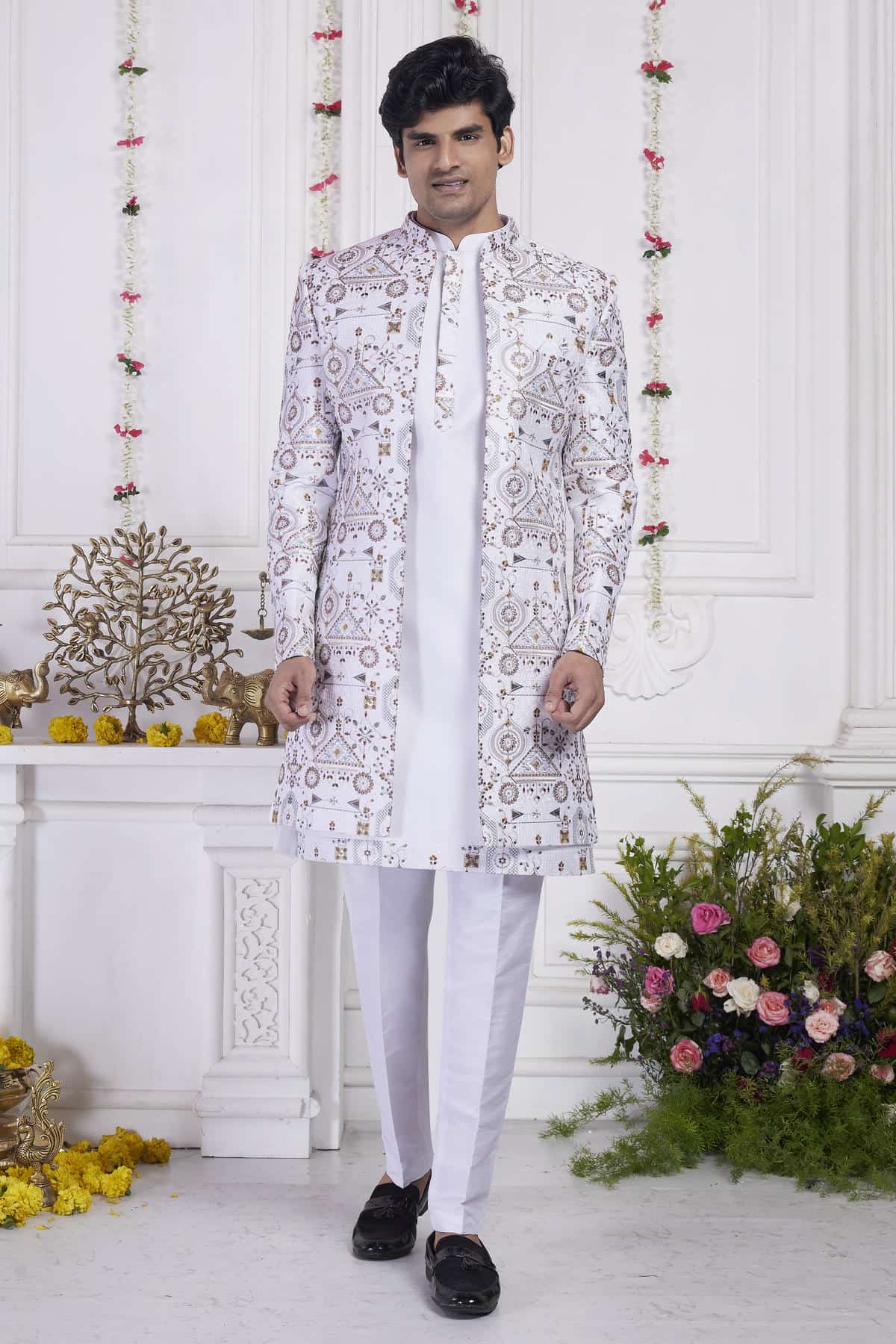 Cream Art Silk Embroidery Work 3 Pcs Jacket Set