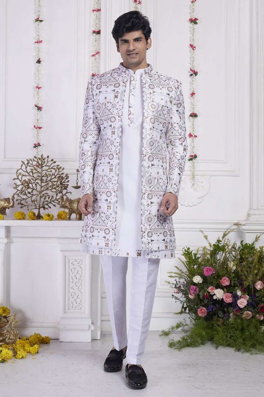 Cream Art Silk Embroidery Work 3 Pcs Jacket Set