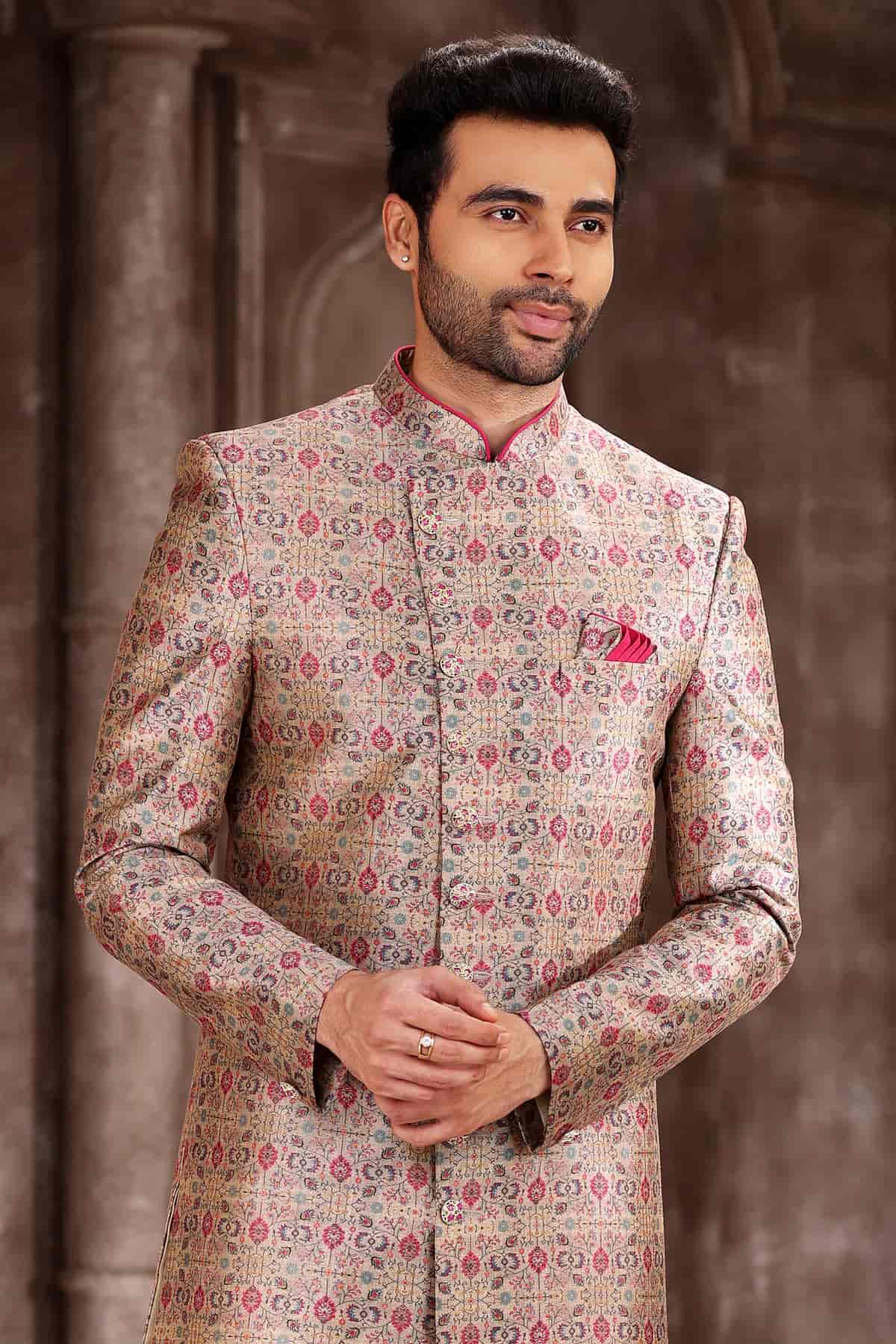 Cream Colour Art Silk Digital Printed Work indo western Sherwani