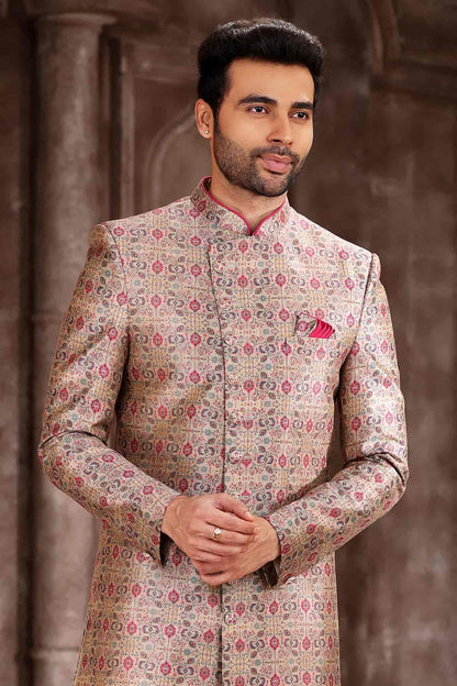 Cream Colour Art Silk Digital Printed Work indo western Sherwani
