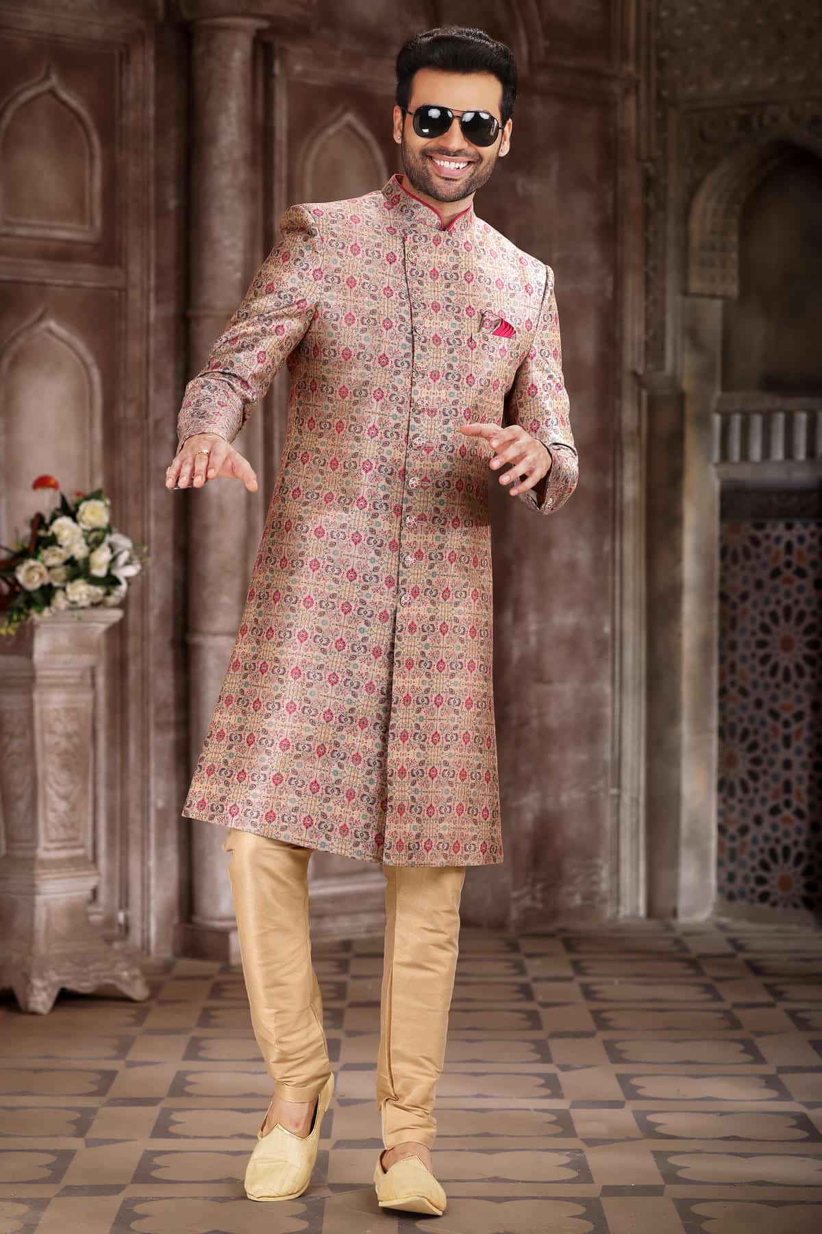 Cream Colour Art Silk Digital Printed Work indo western Sherwani