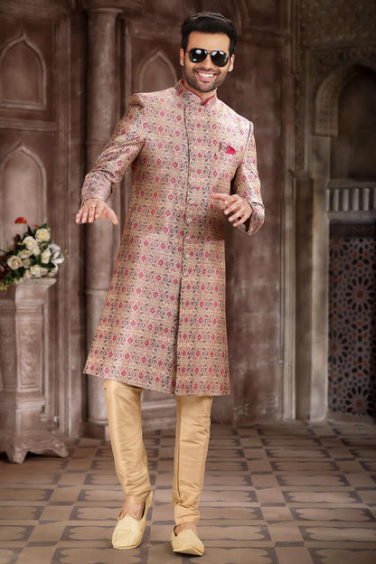 Cream Colour Art Silk Digital Printed Work indo western Sherwani