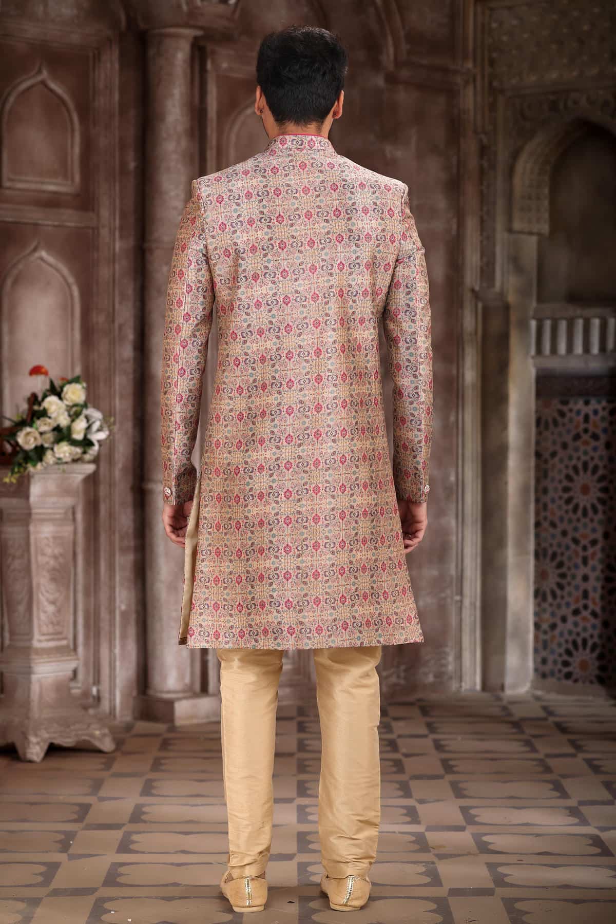 Cream Colour Art Silk Digital Printed Work indo western Sherwani