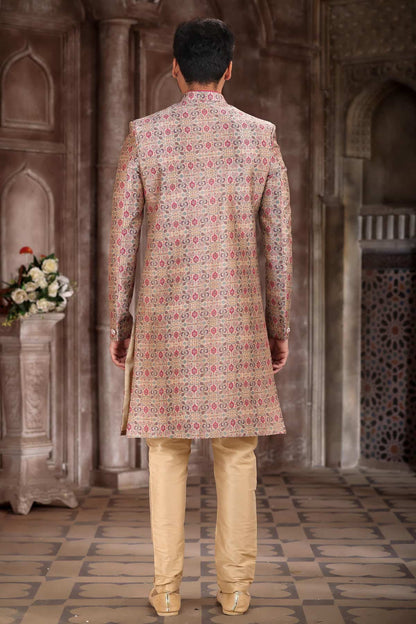 Cream Colour Art Silk Digital Printed Work indo western Sherwani