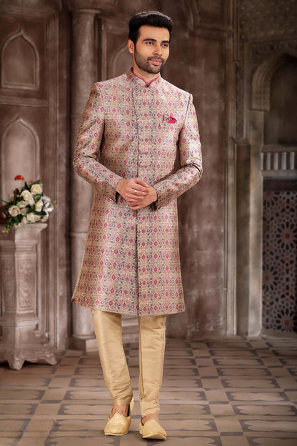 Cream Colour Art Silk Digital Printed Work indo western Sherwani