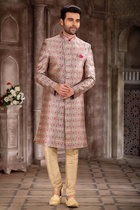 Cream Colour Art Silk Digital Printed Work indo western Sherwani