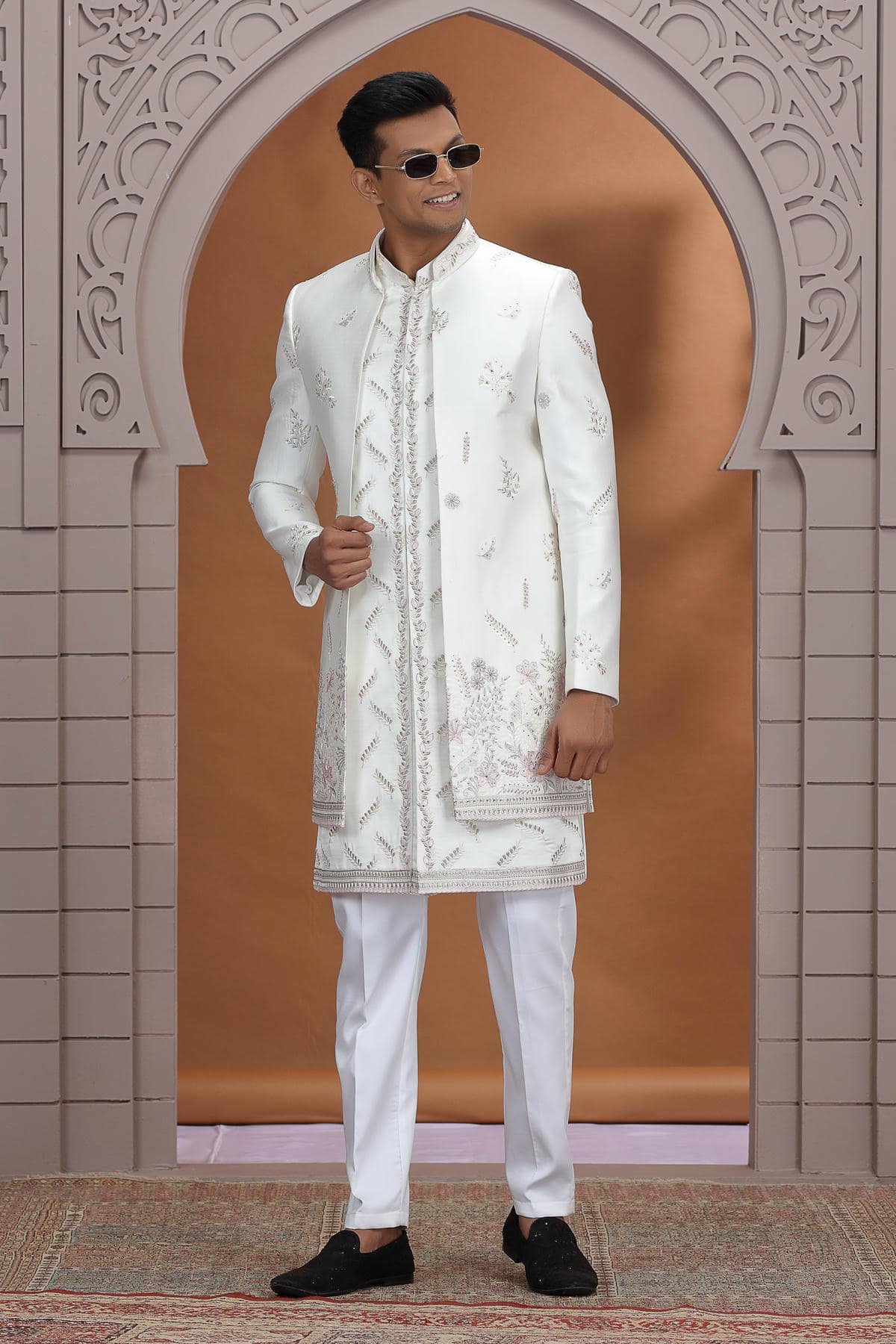 Cream Colour Art Silk Embroidery 3 Pcs Indo Western