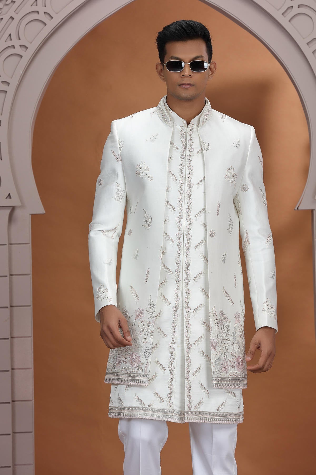 Cream Colour Art Silk Embroidery 3 Pcs Indo Western