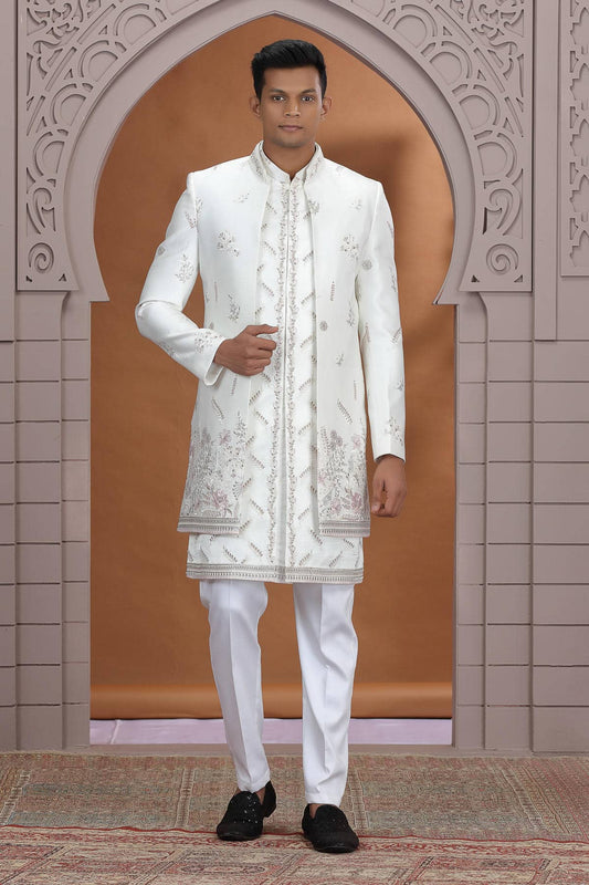 Cream Colour Art Silk Embroidery 3 Pcs Indo Western