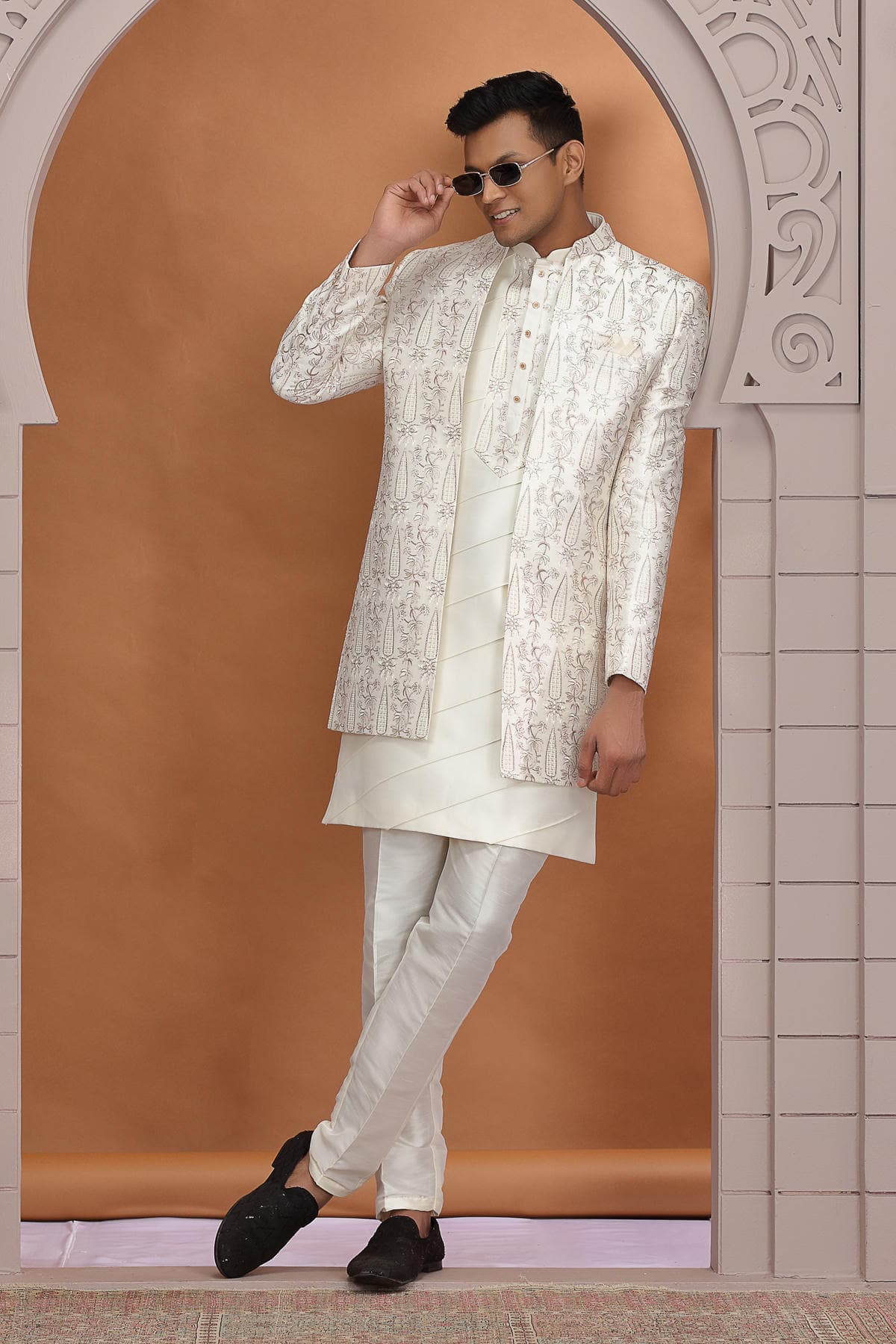 Cream Colour Art Silk Embroidery 3 Pcs Indo Western