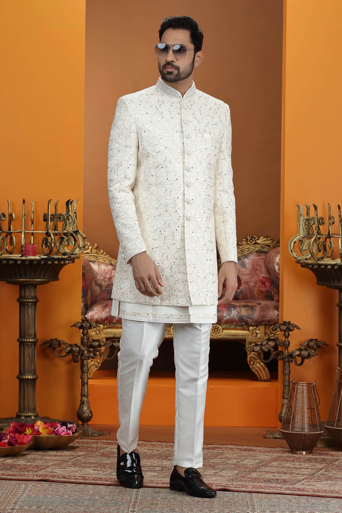 Cream Colour Art Silk Embroidery 3 Pcs Jacket Set