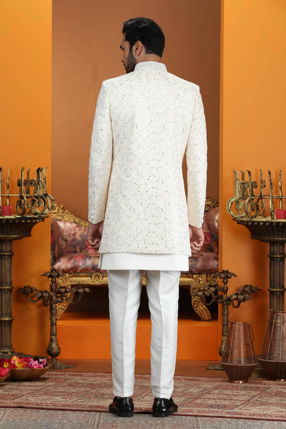 Cream Colour Art Silk Embroidery 3 Pcs Jacket Set