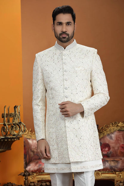 Cream Colour Art Silk Embroidery 3 Pcs Jacket Set