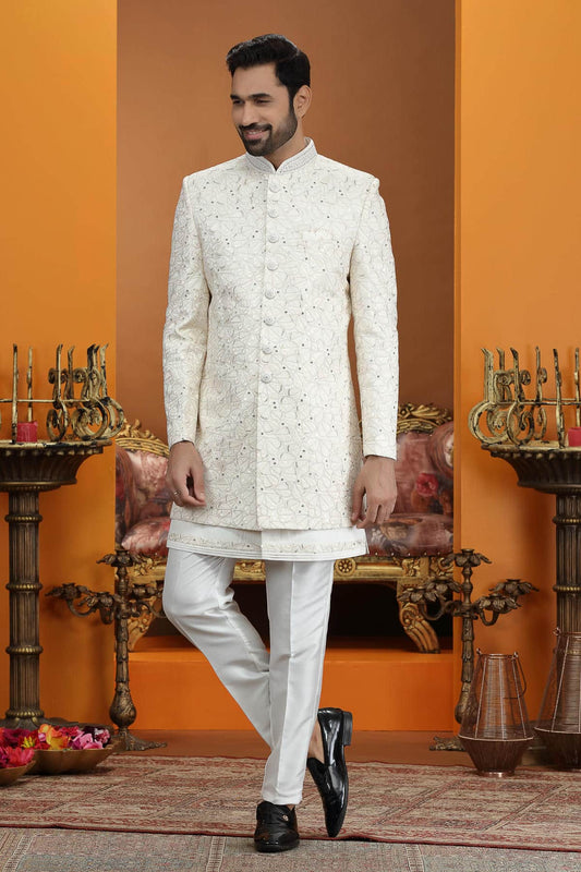 Cream Colour Art Silk Embroidery 3 Pcs Jacket Set